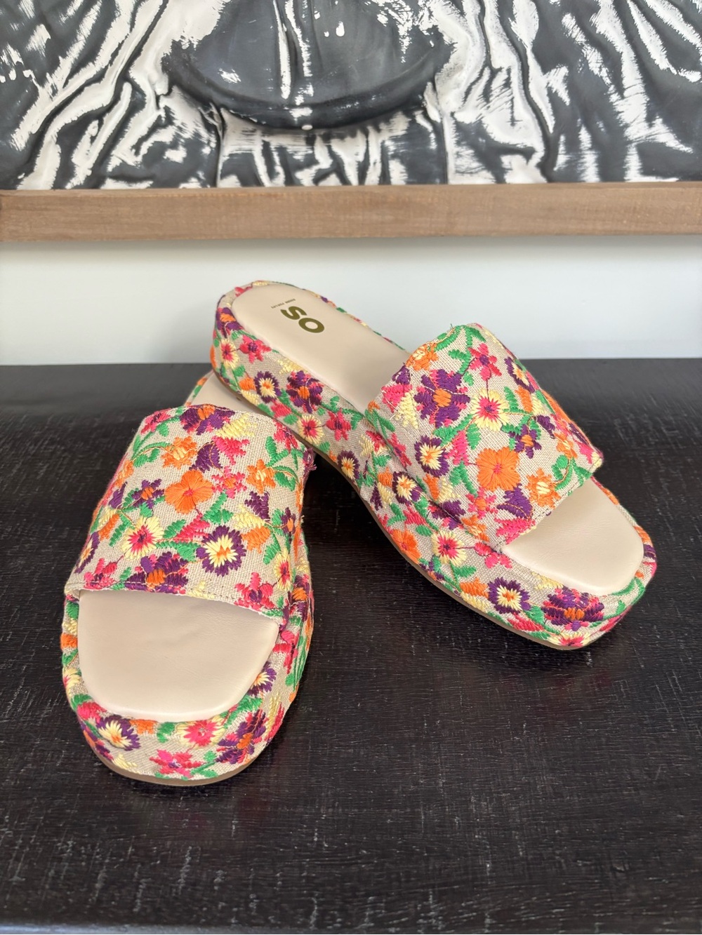 SO Floral Embroidered Slide Sandals in Orange, Pink, Purple, Green, Cream